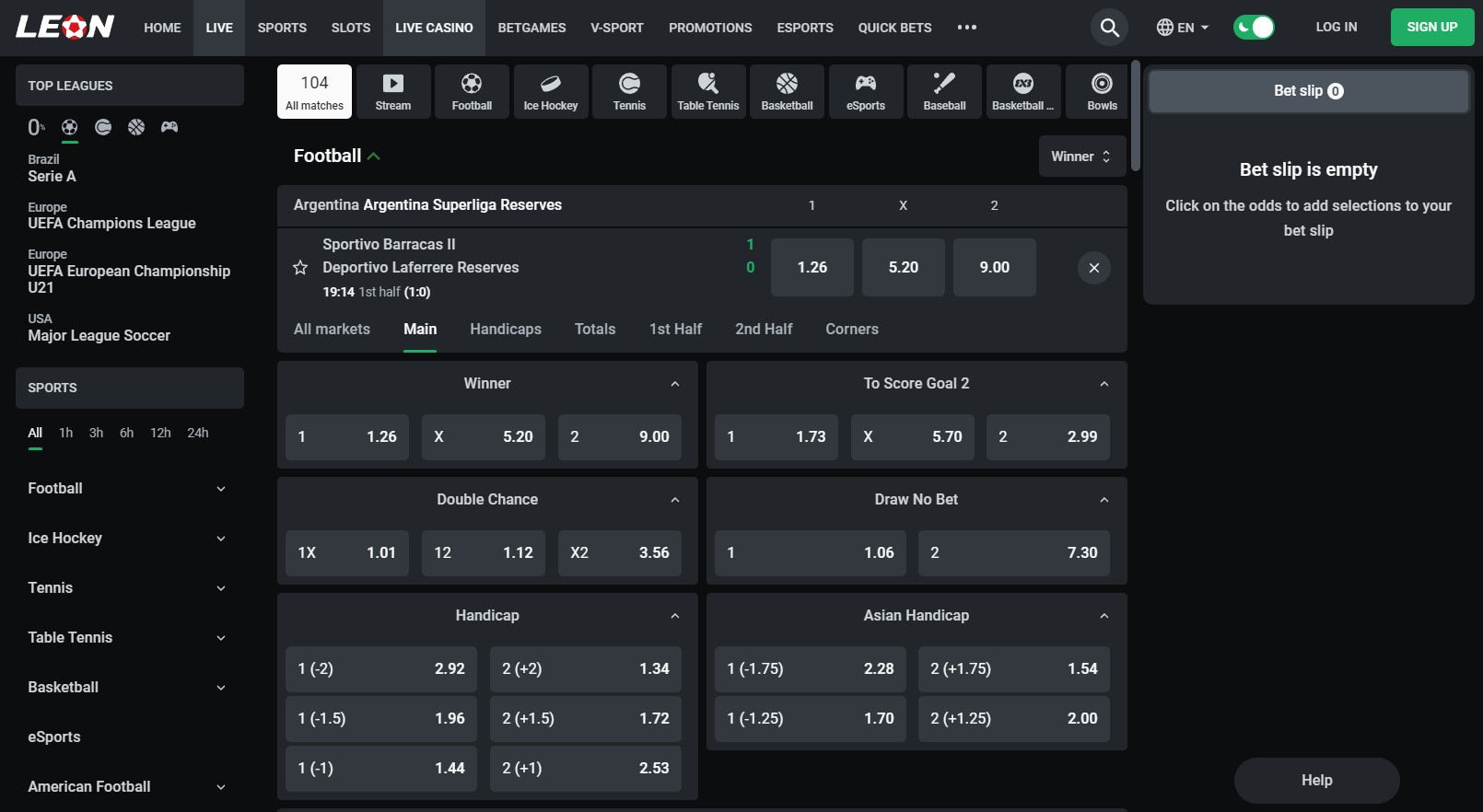 Preview of LeonBet live betting