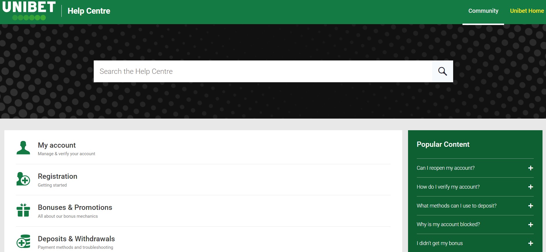 Preview of Unibet help center